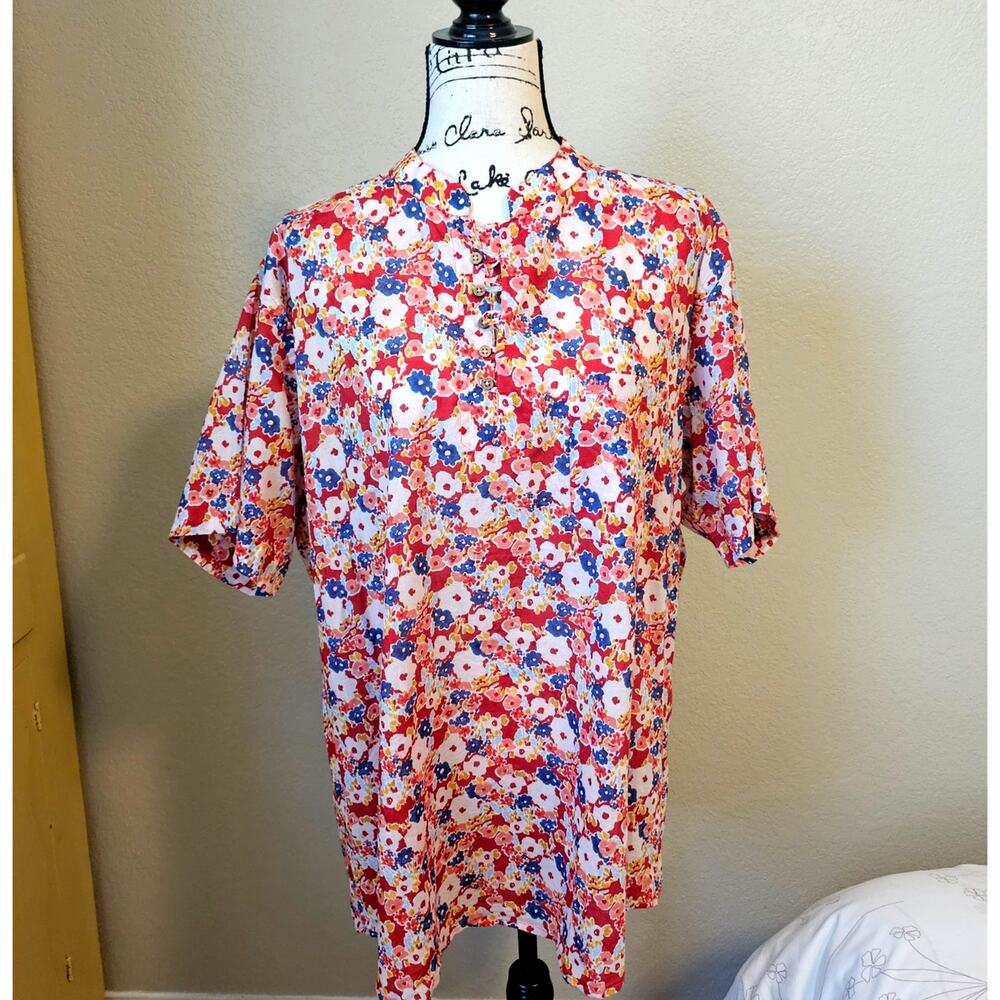 Men's floral shirt, band collar, lightweight cotton, size 44 (XL)